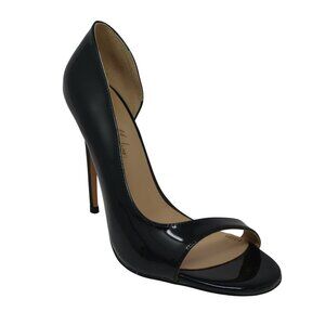 Only Maker Black Patent Leather Open Toe Side Cut Stiletto‎ Ice Pick Heels